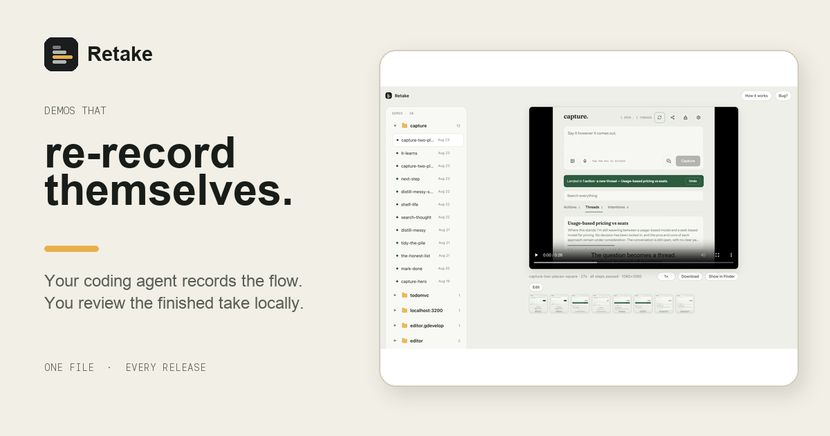Retake - Video recording tools for coding agents